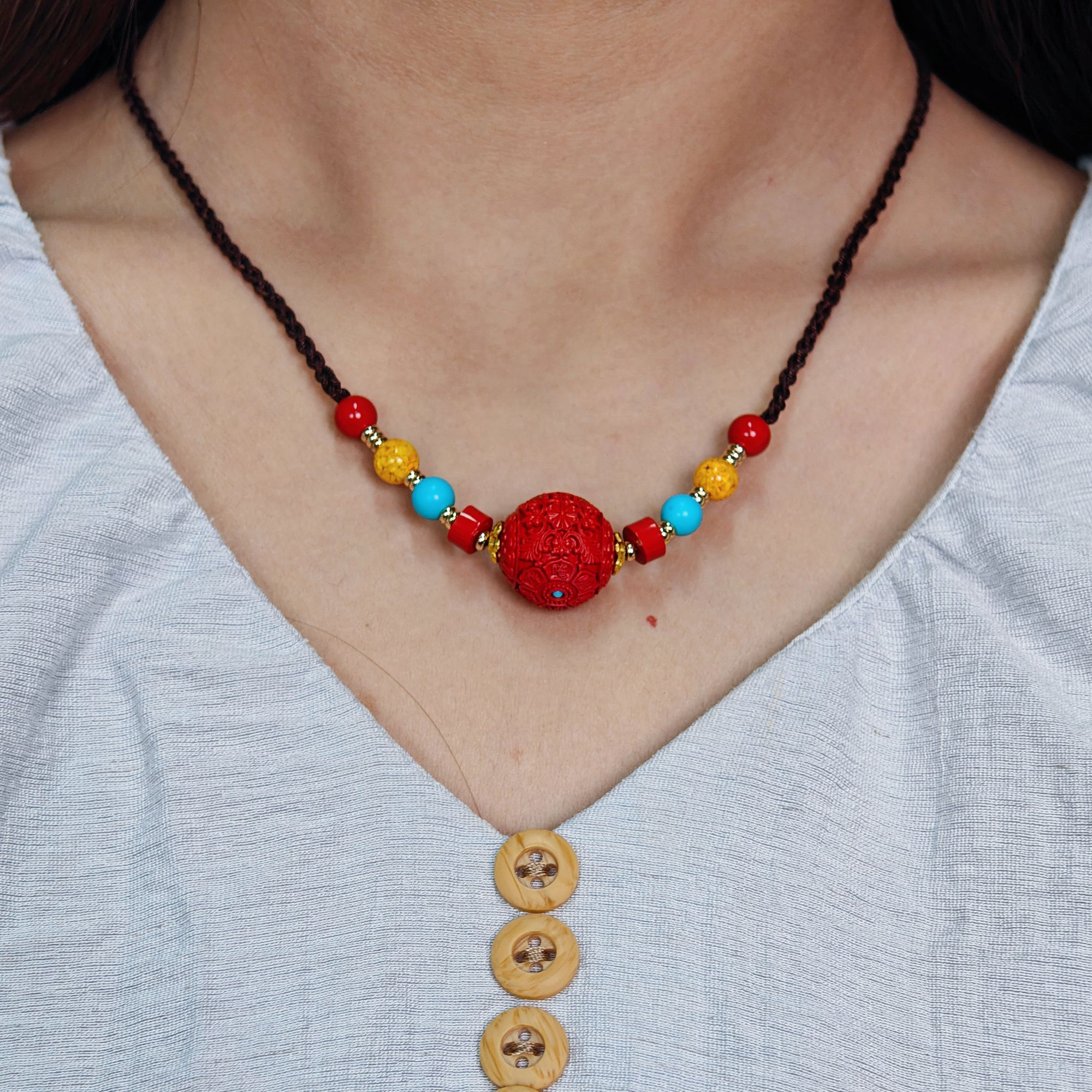 含辰砂工艺品高含量朱砂六字运运珠橄榄项链原创吊坠