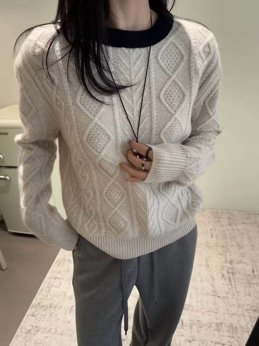 帅气微阔型质感无敌！7868拼色针织衫圆领麻花毛衣秋冬