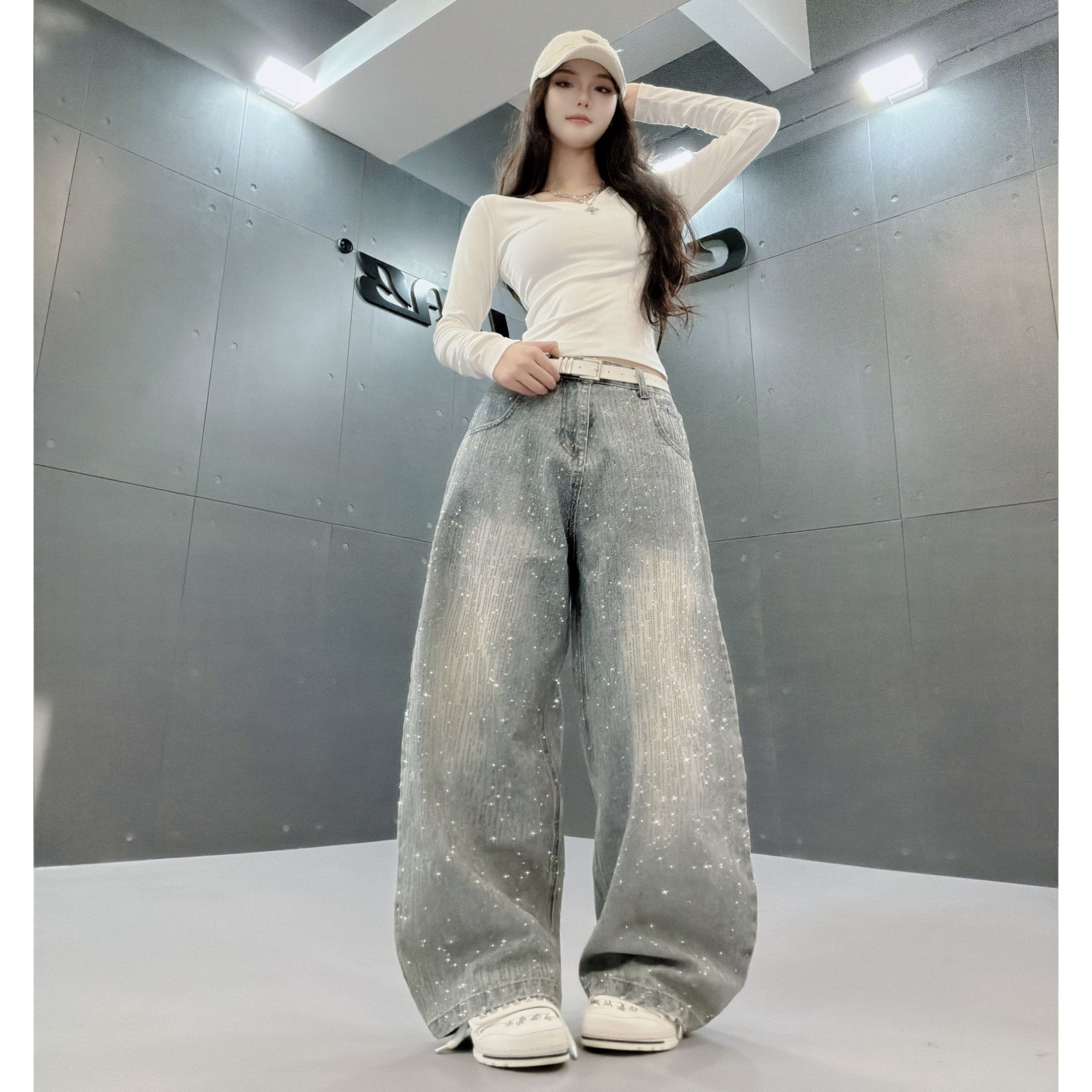 【达人专属】CBXLAB街舞潮牌华丽流年牛仔裤重工亮闪设计感长裤