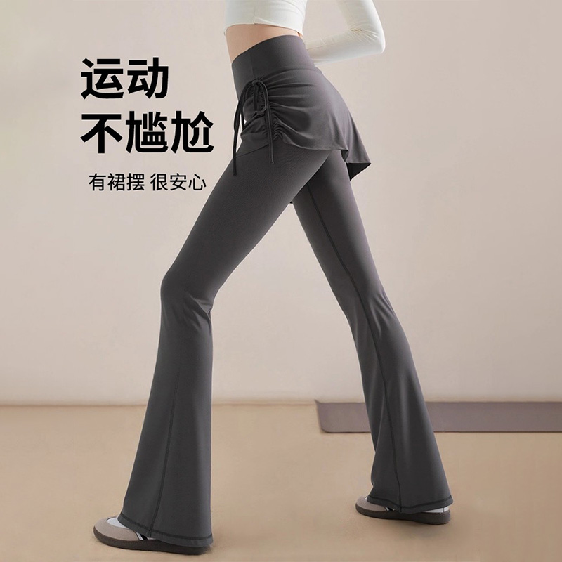 瑜伽裤女高腰提臀抽皱喇叭裙裤假两件微喇普拉提训练服秋透气微喇