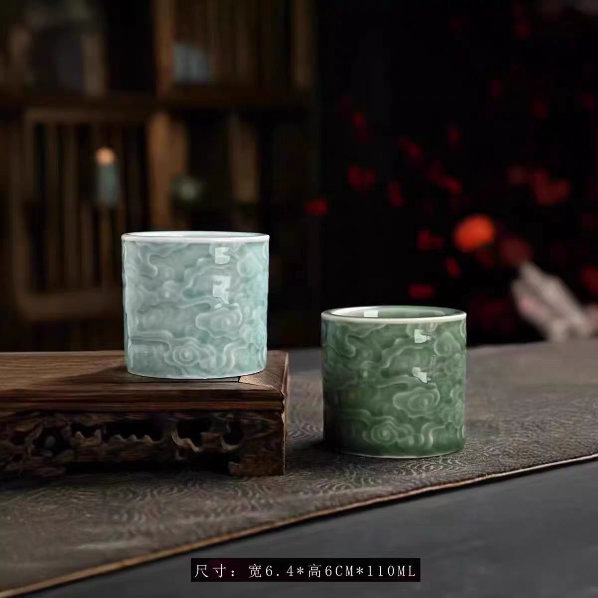 龙泉祥云纹扳指杯精美摆件一对