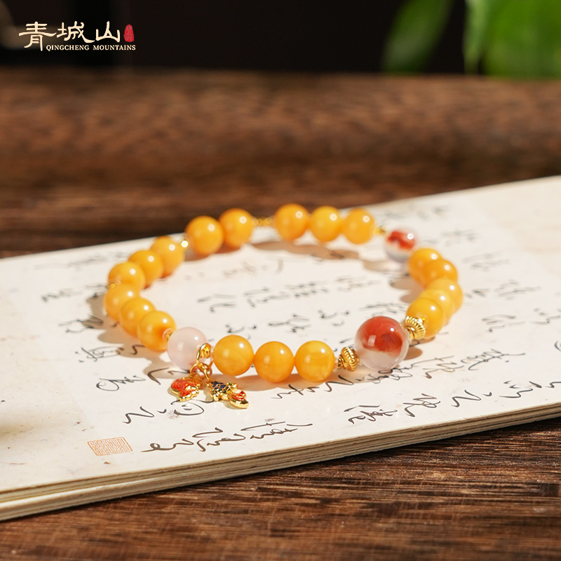 青城山【三光鲤运】天然俄料花蜡手串6mm女款盘玩国风蜜蜡手串