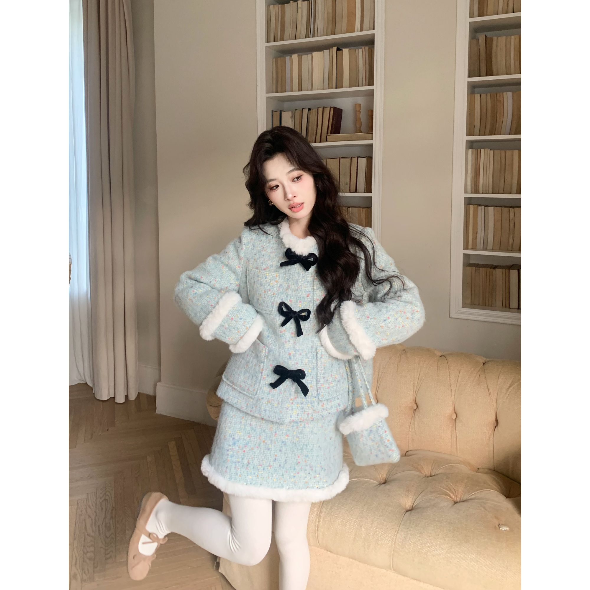 【云上雪岛羽绒套装】原创设计师女装白鸭绒法式复古新中式羽绒套装