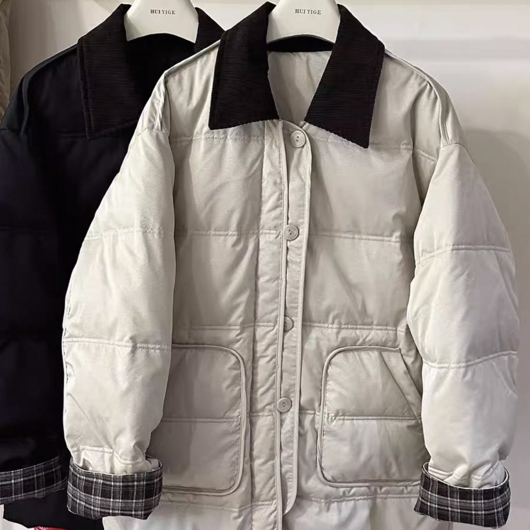 冬季新国标白鸭绒拼色格纹经典简约宽松显瘦中长款外套