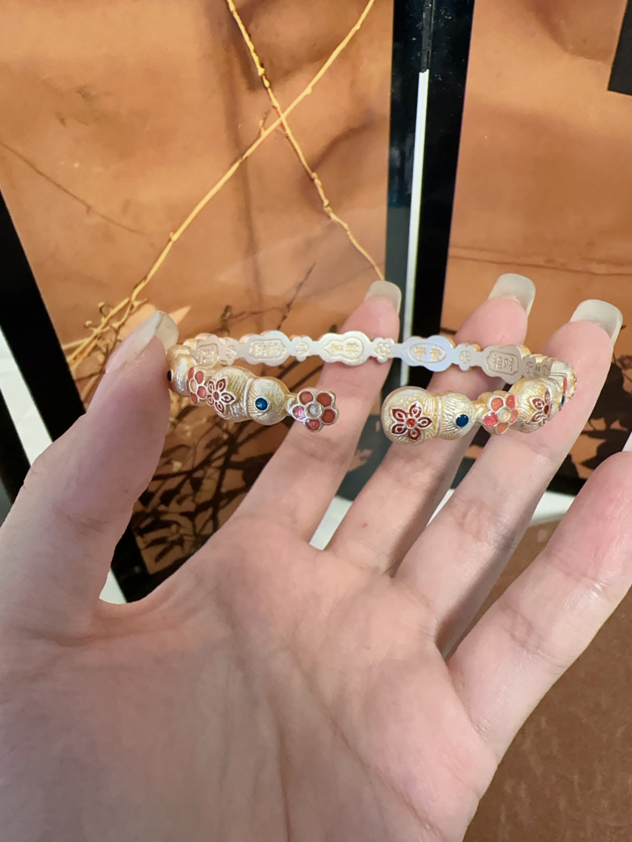 足银手镯 A23珐琅彩花朵葫芦手镯开口款