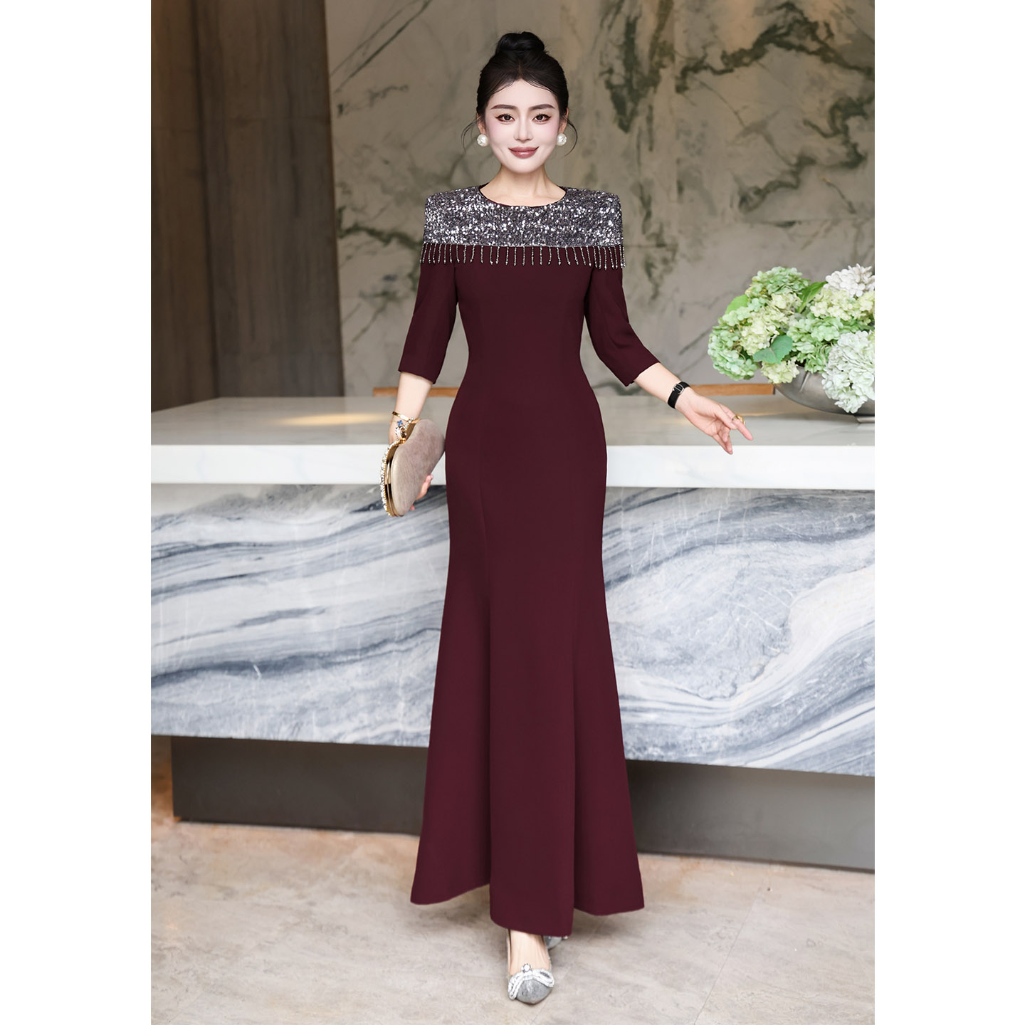 高贵气质结婚鱼尾连衣裙优雅重工亮片晚宴主持人宴会礼服连衣裙秋