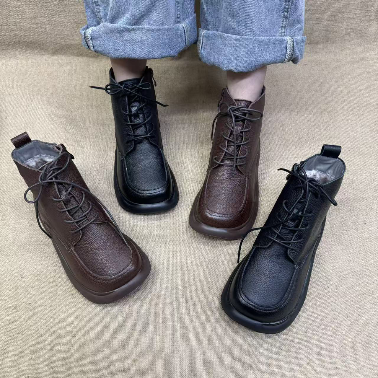 2086-8A新款冬季加绒大棉鞋纯色平底侧拉链舒适女靴复古百搭