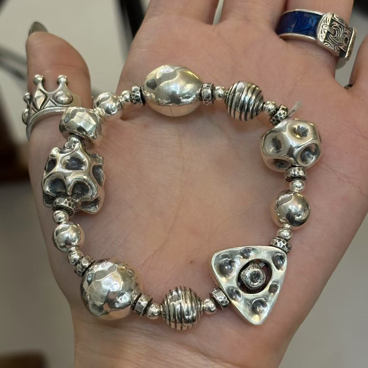 925银手链 手工银时尚百搭多元素敲面手链