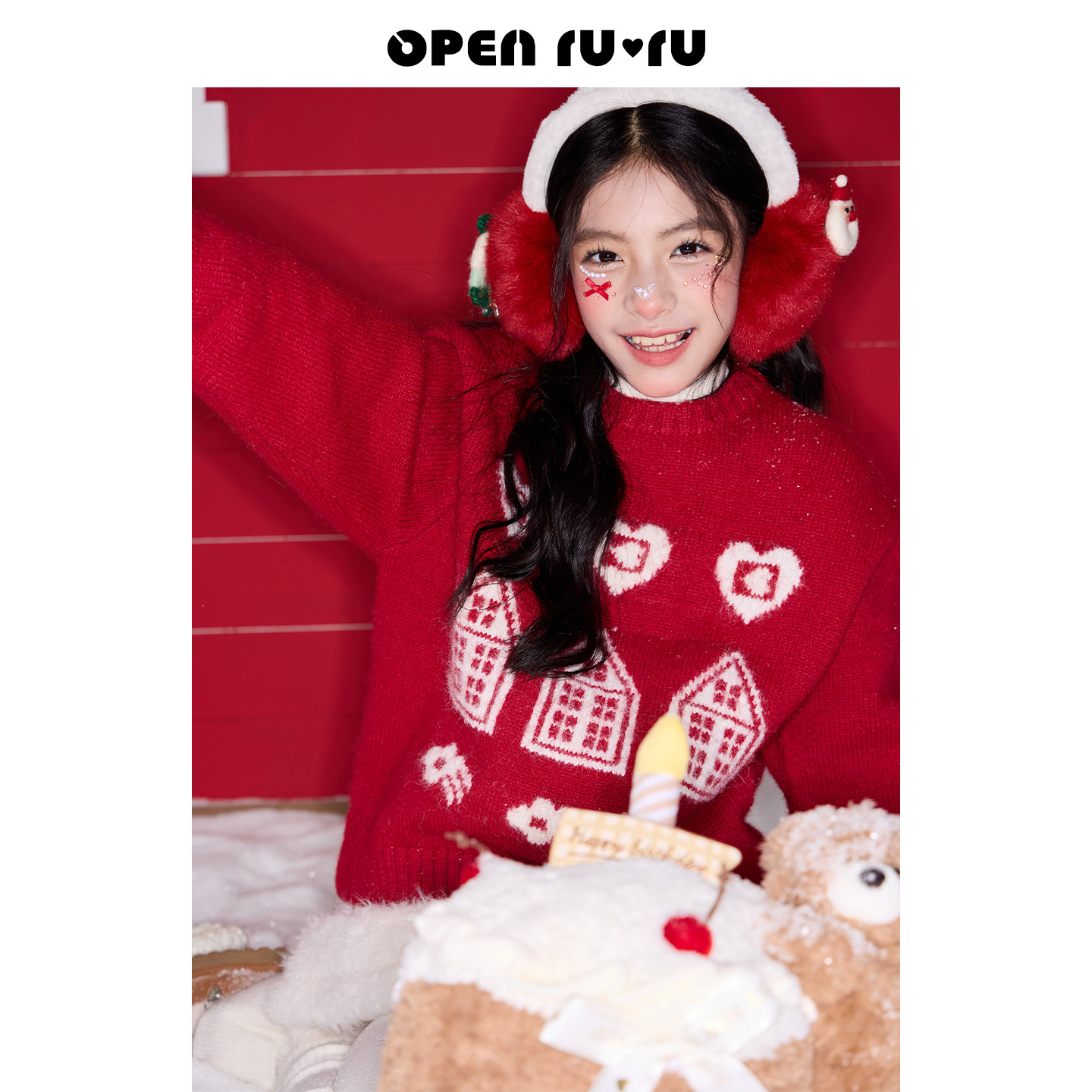 Opennunu女童圣诞新年红房子提花毛衣冬季中大童氛围感保暖针织衫