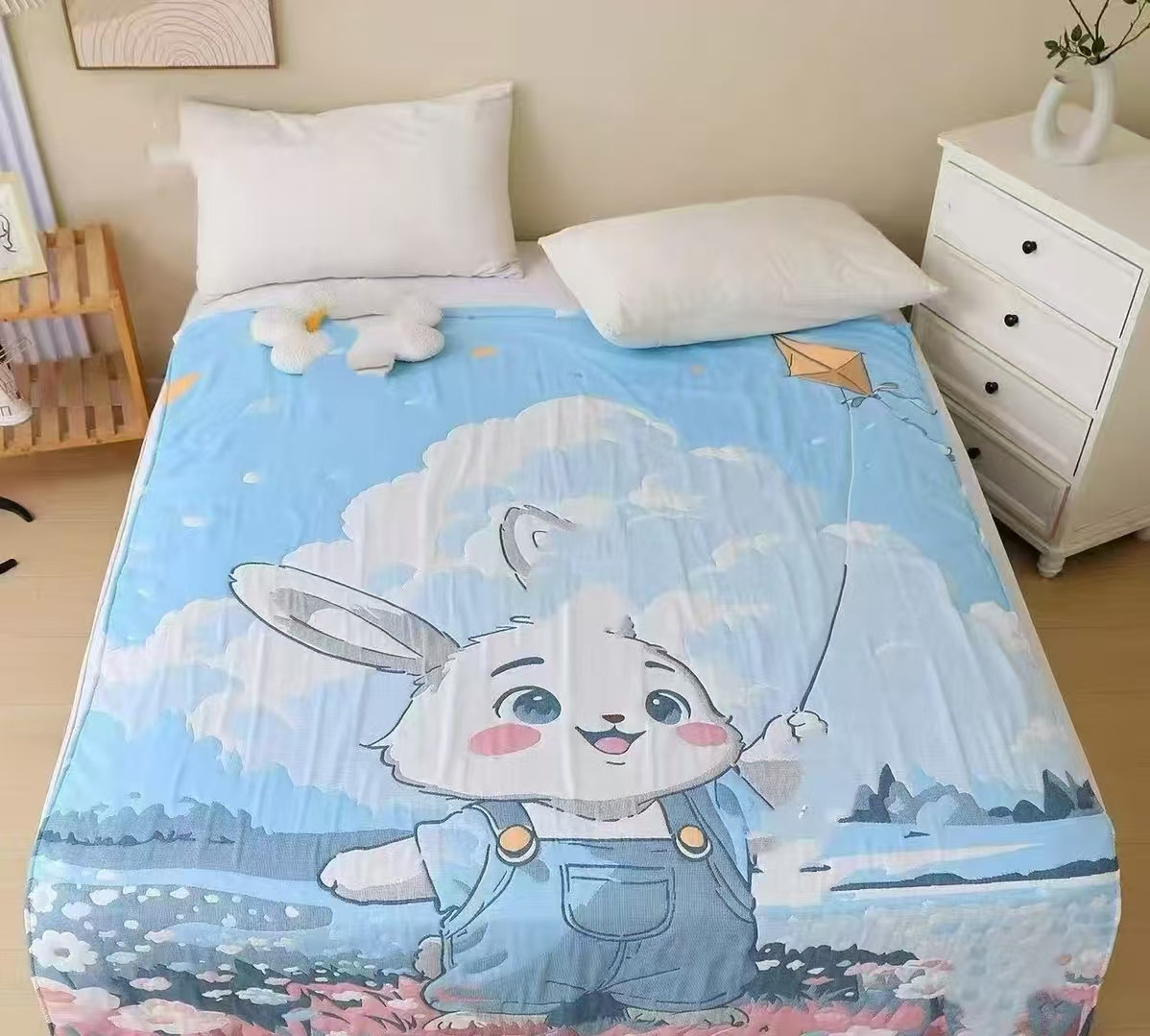（风筝小兔）150*200cmA类柔软舒适控温全棉云朵纱泡芙被可机洗
