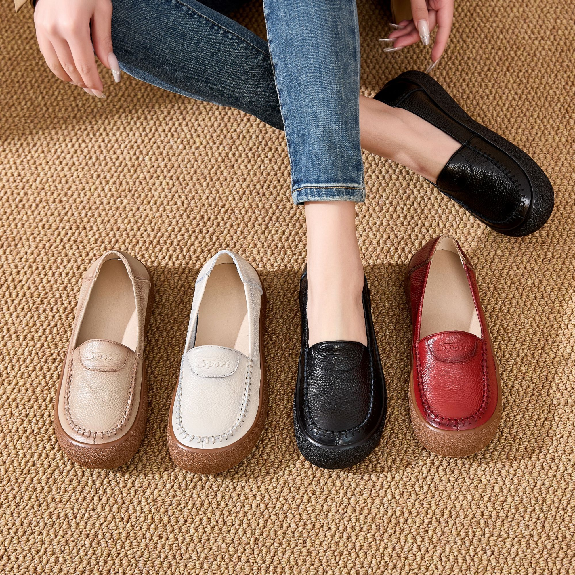 头层牛皮春夏季新款浅口软底妈妈鞋圆头单鞋时尚舒适休闲复古女鞋