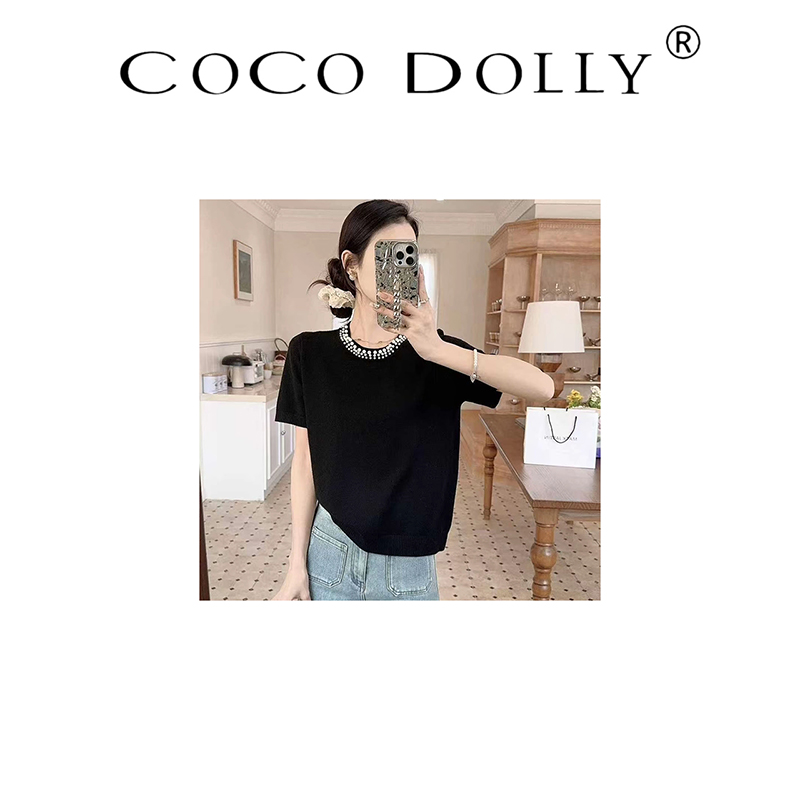 COCO DOLLY圆领小香风短袖针织设计感打底宽松泡泡袖设计感2333