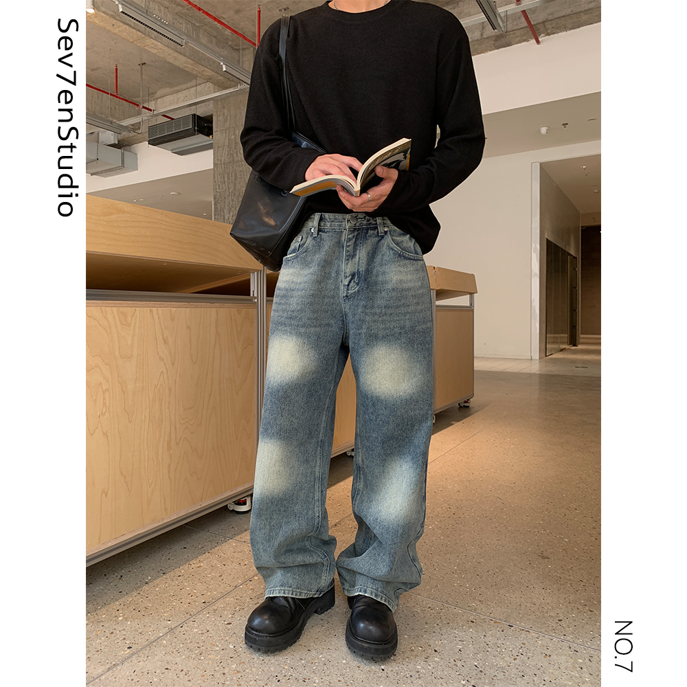 美式复古水洗clean fit直筒牛仔裤男女潮牌宽松休闲长裤