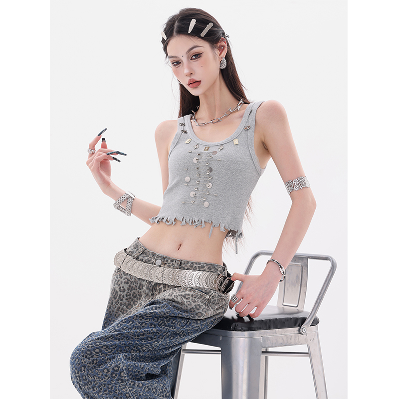 ABWEAR奇妙物语-原创辣妹风手工别针背心上衣女夏季短款无袖T恤