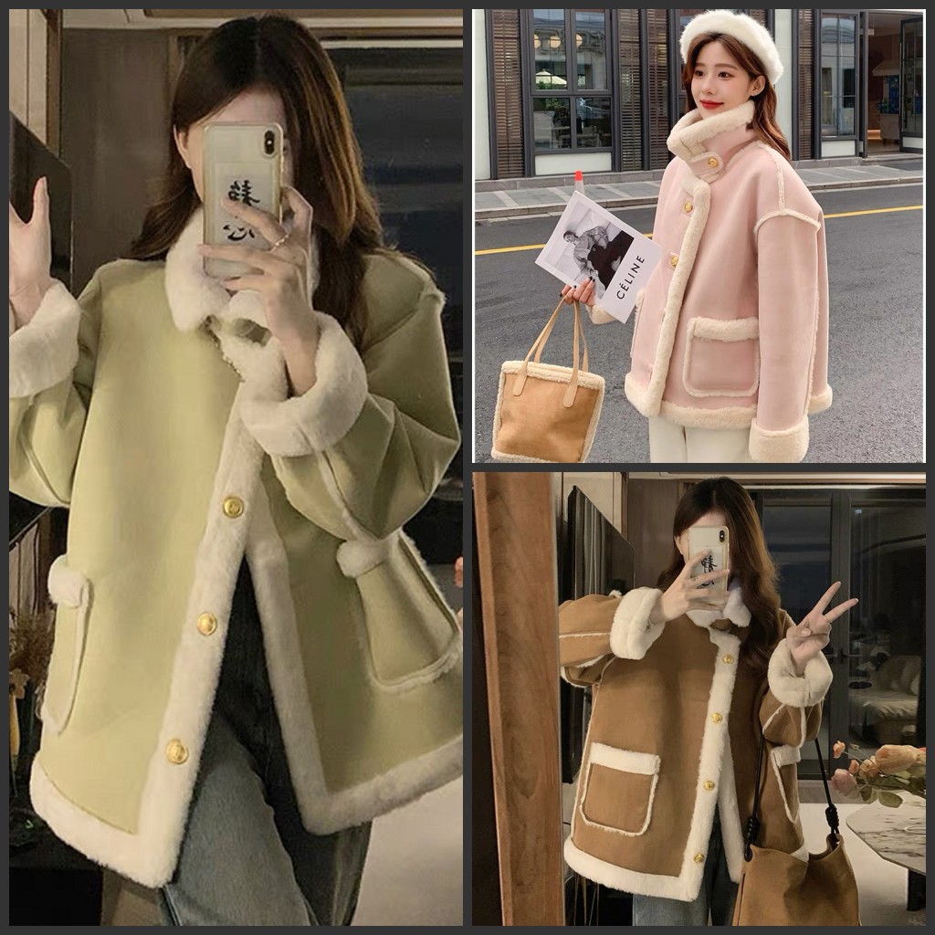 大码胖mm韩版减龄皮毛一体加厚保暖外套冬季新款百搭鹿皮绒机车服