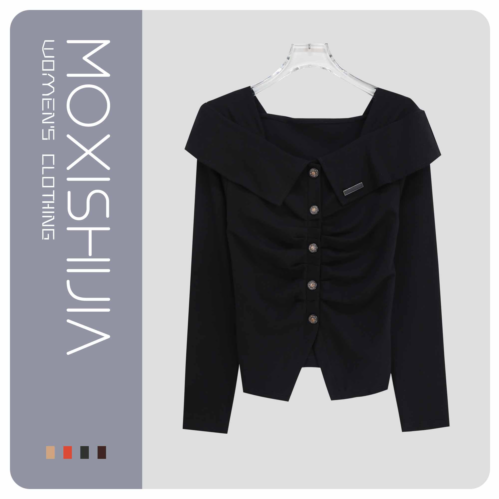 新款设计感褶皱洋气显瘦时尚下摆开叉上衣S2798