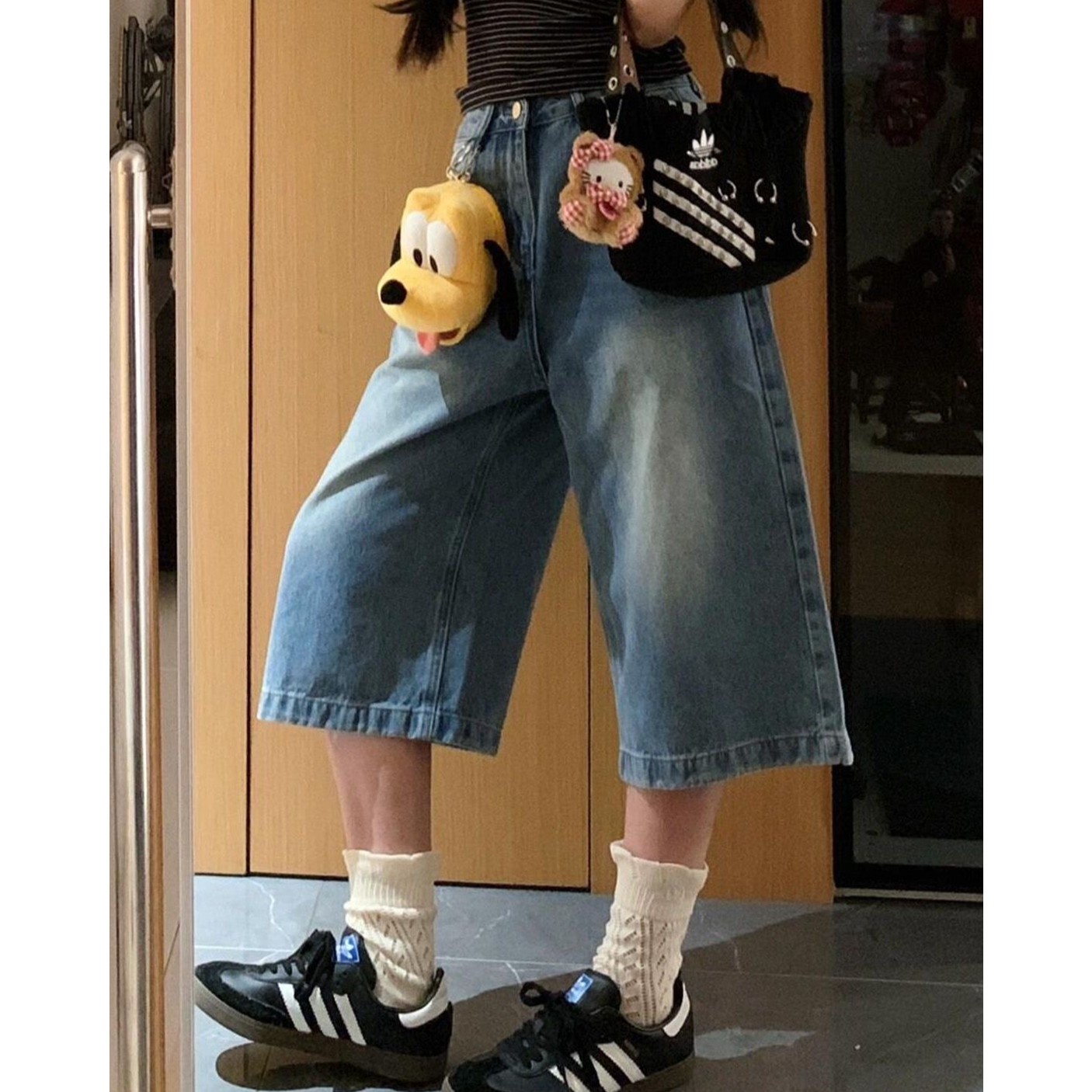 复古蓝七分牛仔短裤女夏季新款高腰宽松阔腿显瘦百搭休闲直筒中裤