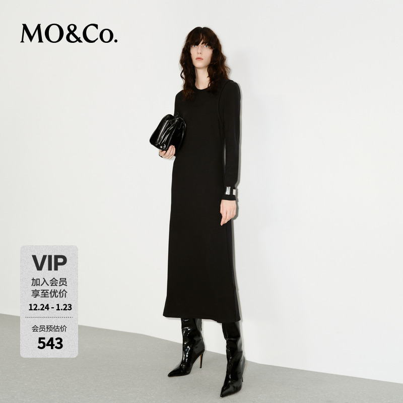 MOCO连衣裙保暖德绒冬解构开叉小黑裙长裙MBD4DRST01