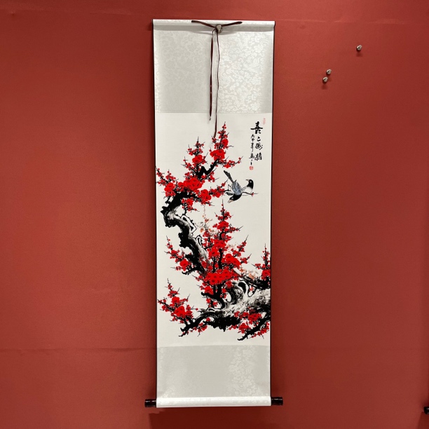 《喜上眉梢》140×43新中式竖幅实木卷轴