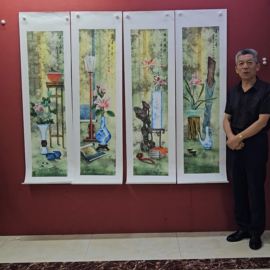 瑞泰美术馆纯手绘陈松芳老师清供系列花鸟四条屏