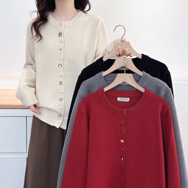 大码女装秋冬新款民族风提花圆领宽松显瘦长袖针织开衫毛衣