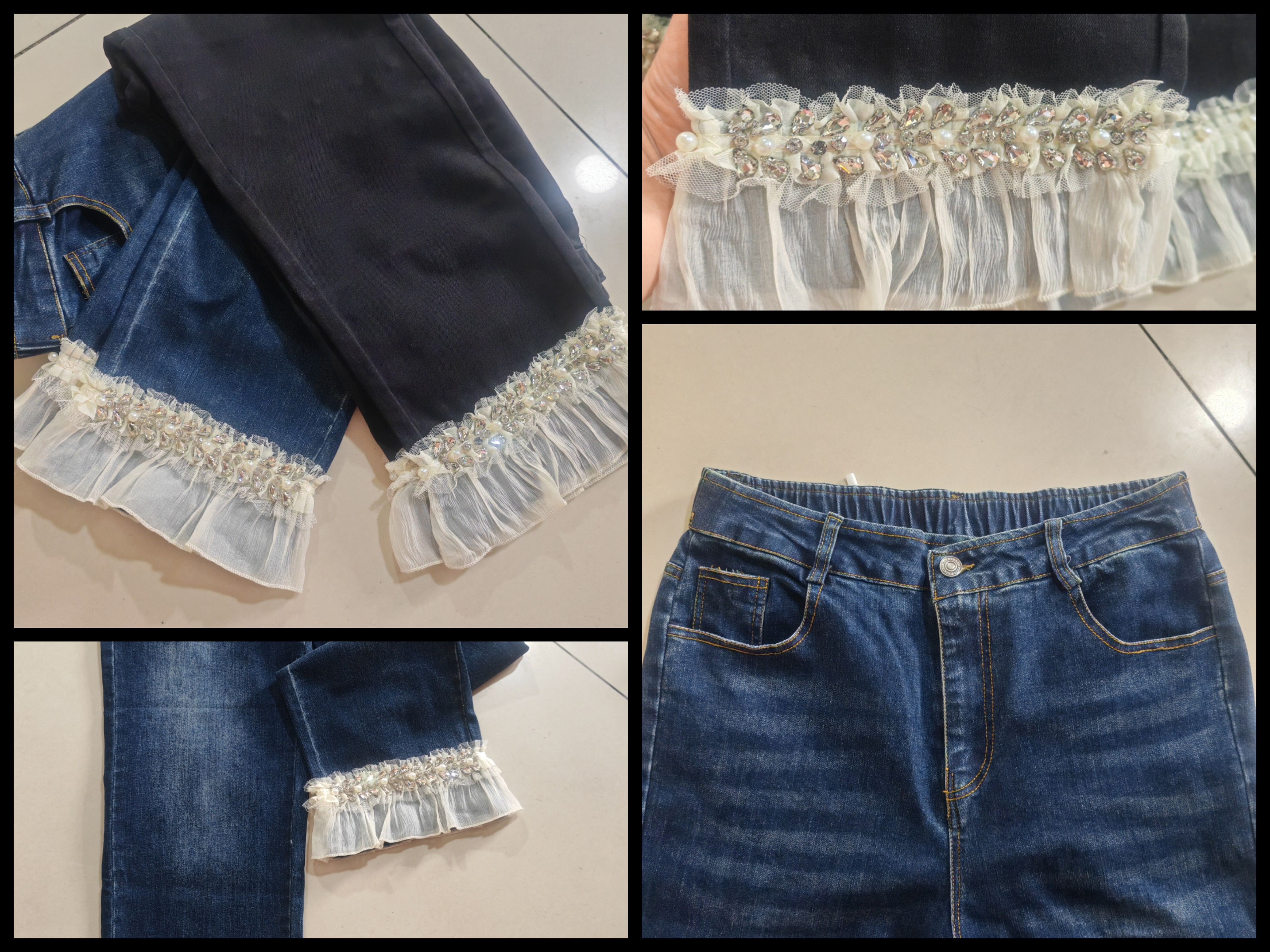 欧货复古洋气蕾丝拼接牛仔铅笔裤女小香风百搭休闲九分直筒裤1821