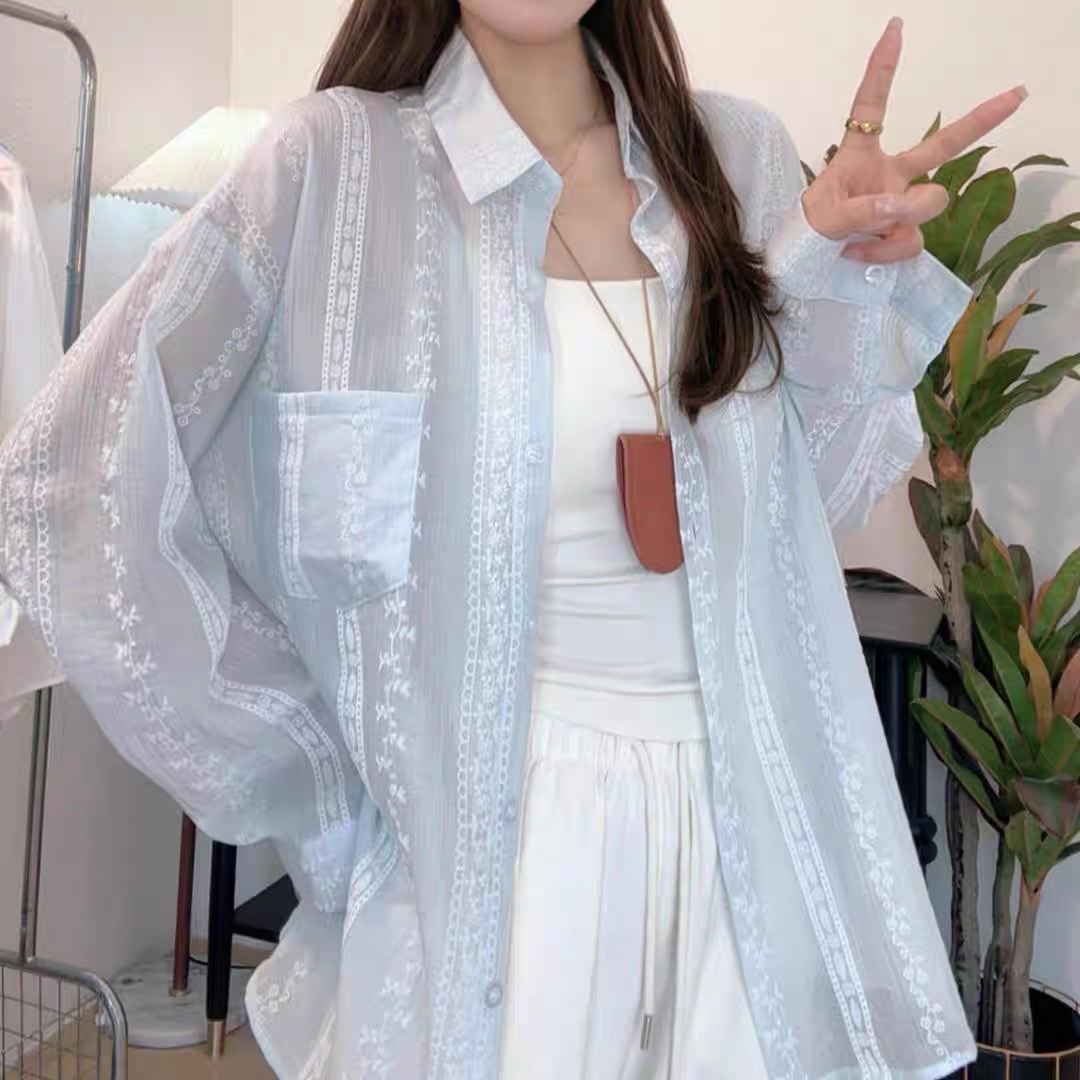 D080女装夏季竖条提花防晒衬衫705