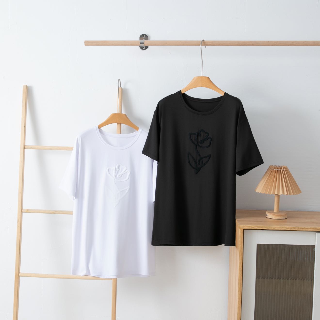 竹纤维玫瑰花毛巾绣时尚百搭女士T恤26503