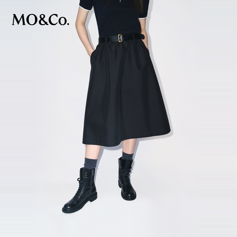 MOCO半身裙2025冬新品高支密棉涤黑色机能风中腰附腰带MBE4SKT005