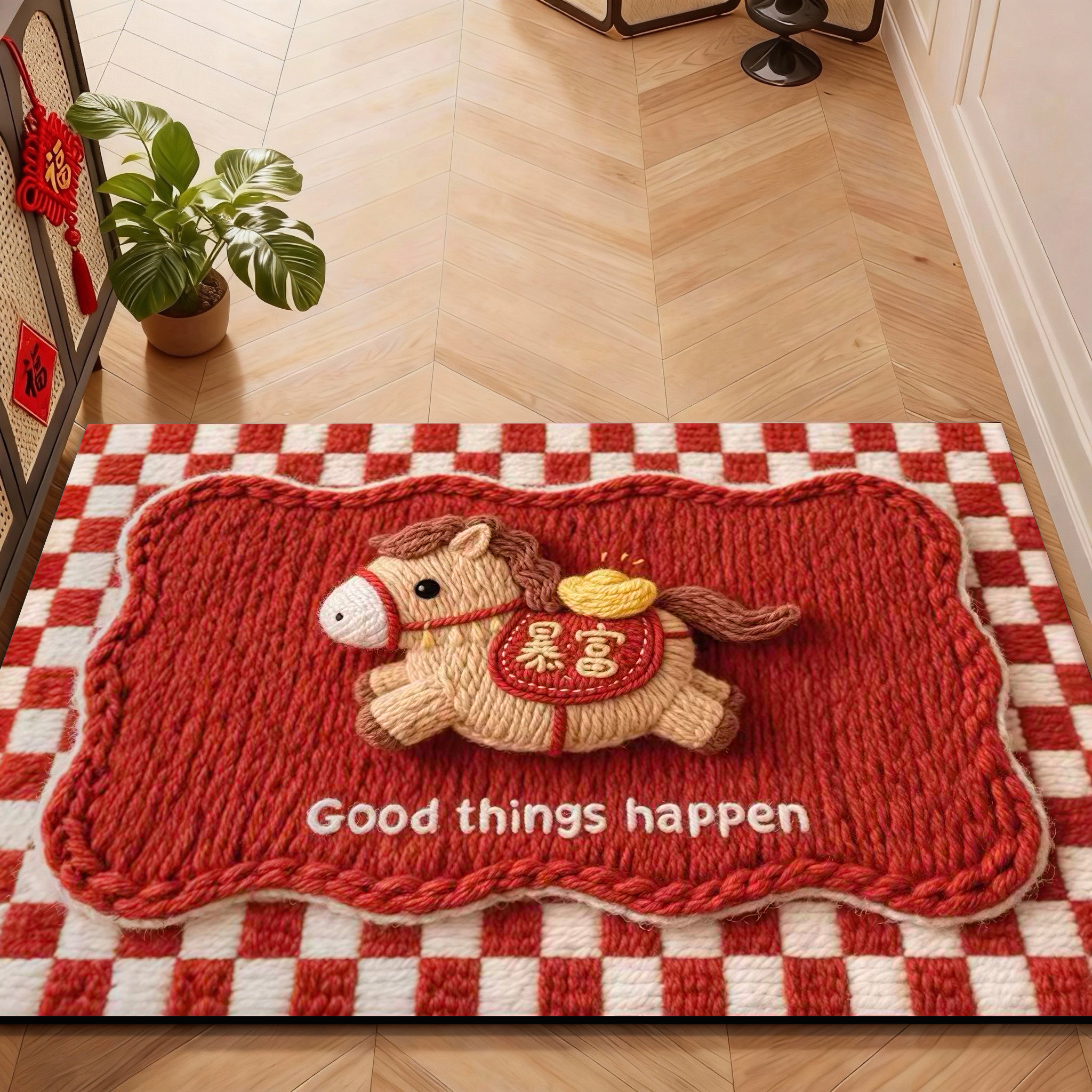 新年卡通暴富小马入户门硅藻泥地垫喜庆浴室脚垫