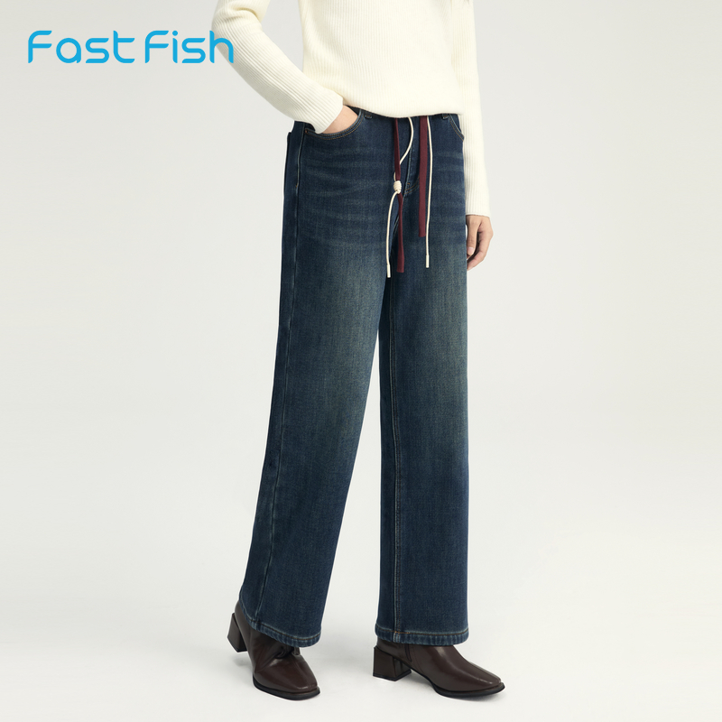 快鱼2025年冬季新款女士加绒直筒牛仔裤宽松版保暖舒适百搭显瘦