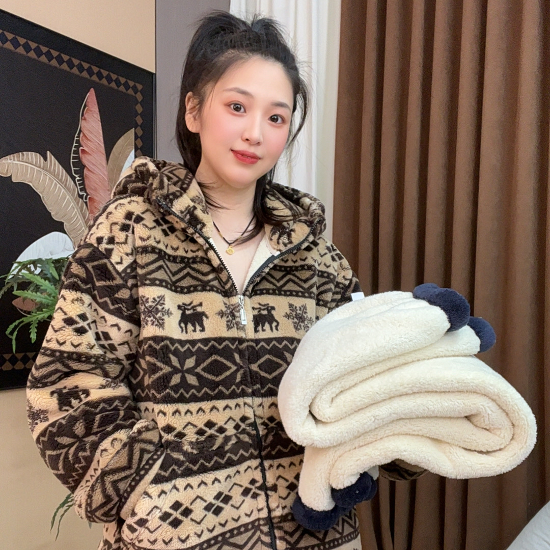 冬季新款加绒加厚雪花❉小鹿双层复合零下-10℃度外穿男女情侣睡衣