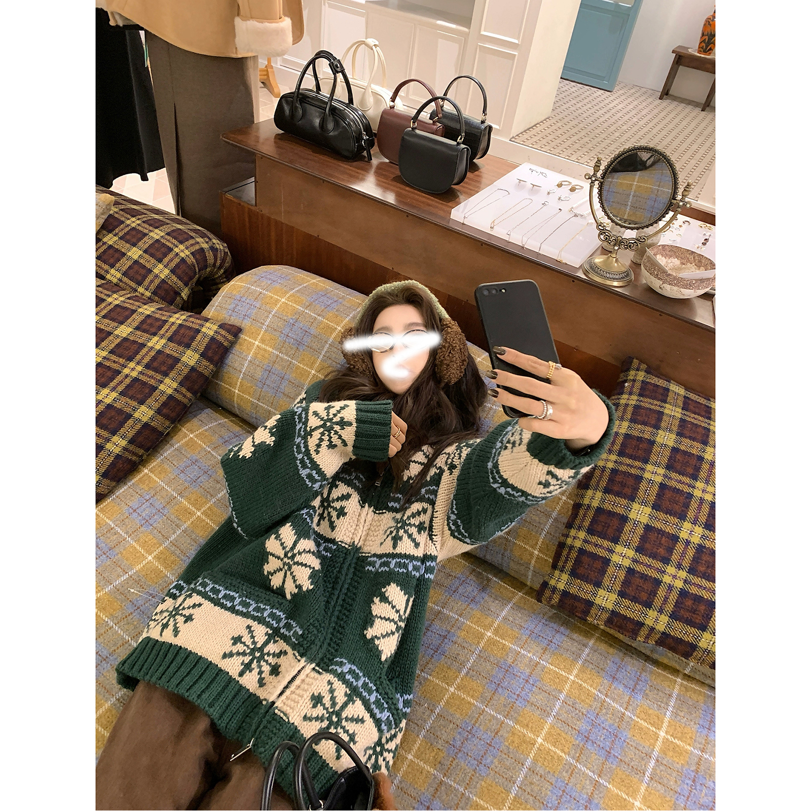 费尔岛氛围感拉链撞色提花毛衣外套女针织衫2025冬季新款韩版复古