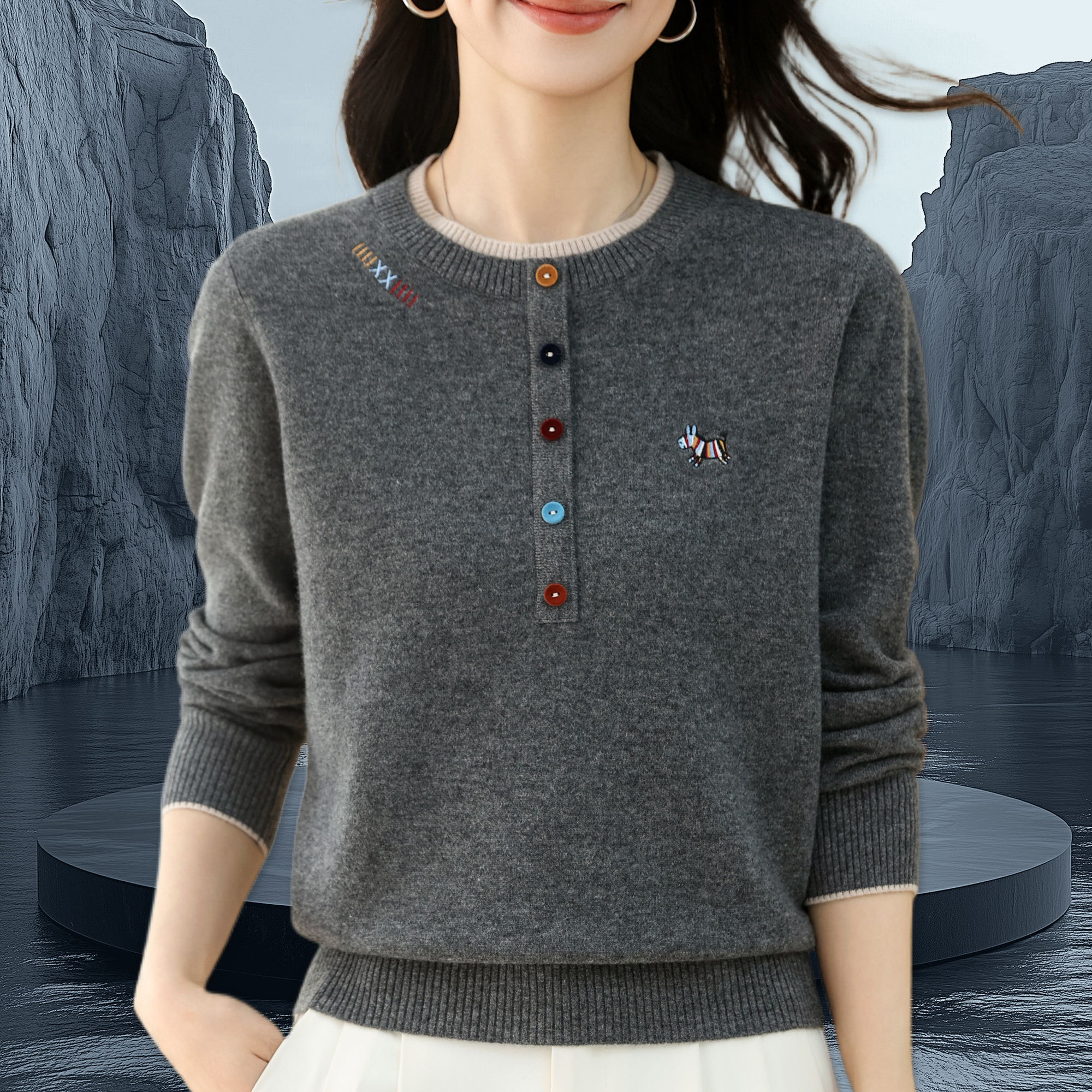 羊毛衫女100%纯羊毛打底衫显瘦毛衣短款圆领宽松时尚秋冬季针织衫