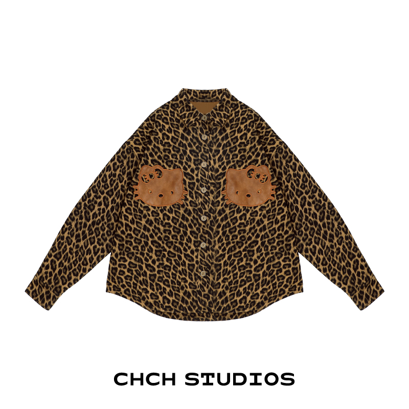 RAWT103710猫咪头像贴布豹纹牛仔外套女秋冬长袖翻领宽松上衣