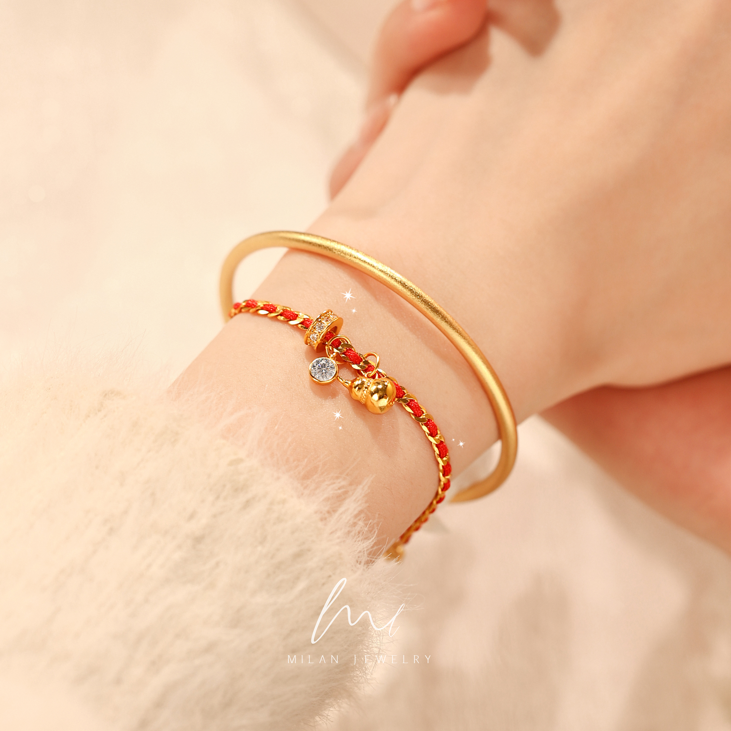 秘蓝 925银合成锆石手链 葫芦编织红绳手链/本命年新中式转运手饰