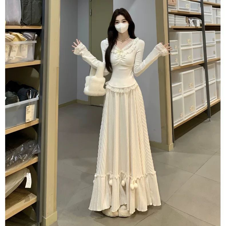 大码胖MM时尚套装温柔奶油感蕾丝V领针织衫百搭压褶毛球半身裙