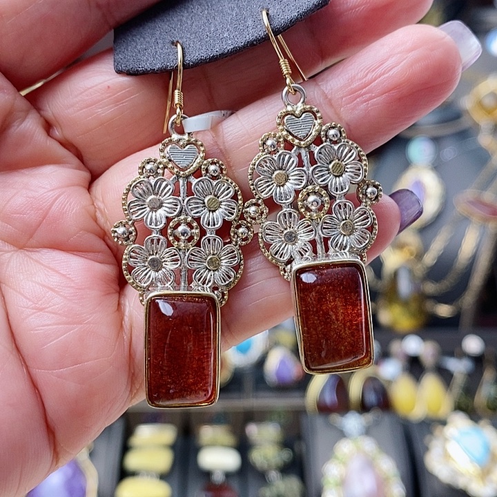 琥珀耳饰银S925镶嵌耳环