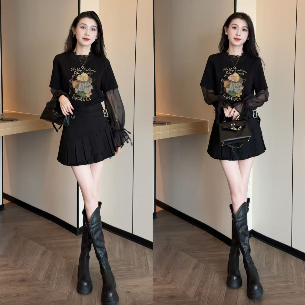 植物系神秘姐感朦胧网纱拼接设计感长袖T恤+腿精半裙裙两件套