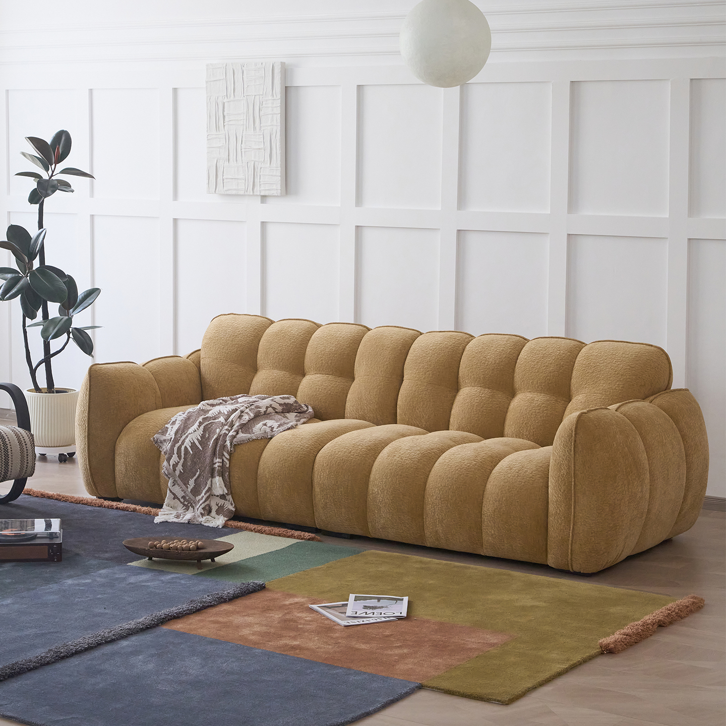 高靠背南瓜法式复古绿色奶油风北欧别墅流星雪尼尔四人布艺沙发