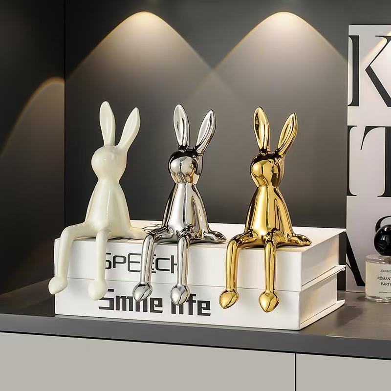 轻奢高档电镀陶瓷长耳兔子摆件家居客厅玄关酒柜装饰品办公桌摆设