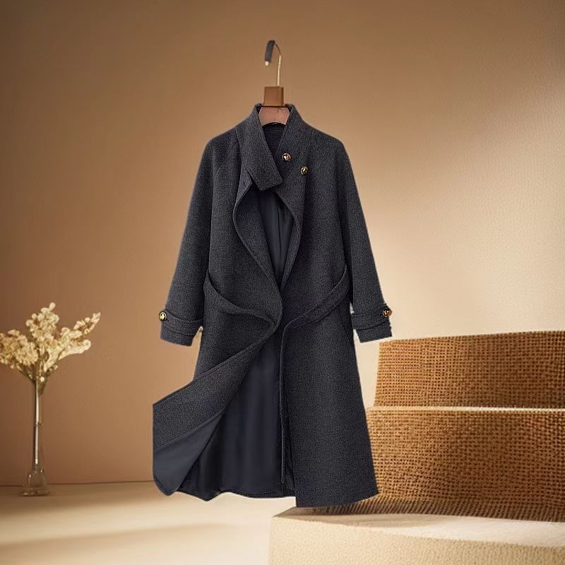 TZ2025年女士冬季时尚带里衬设计师黑色百搭气质轻奢长款羊毛大衣
