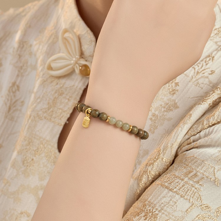 A16新中式天然绿檀木质手串女念珠单圈檀香佛珠福牌复古手链时尚