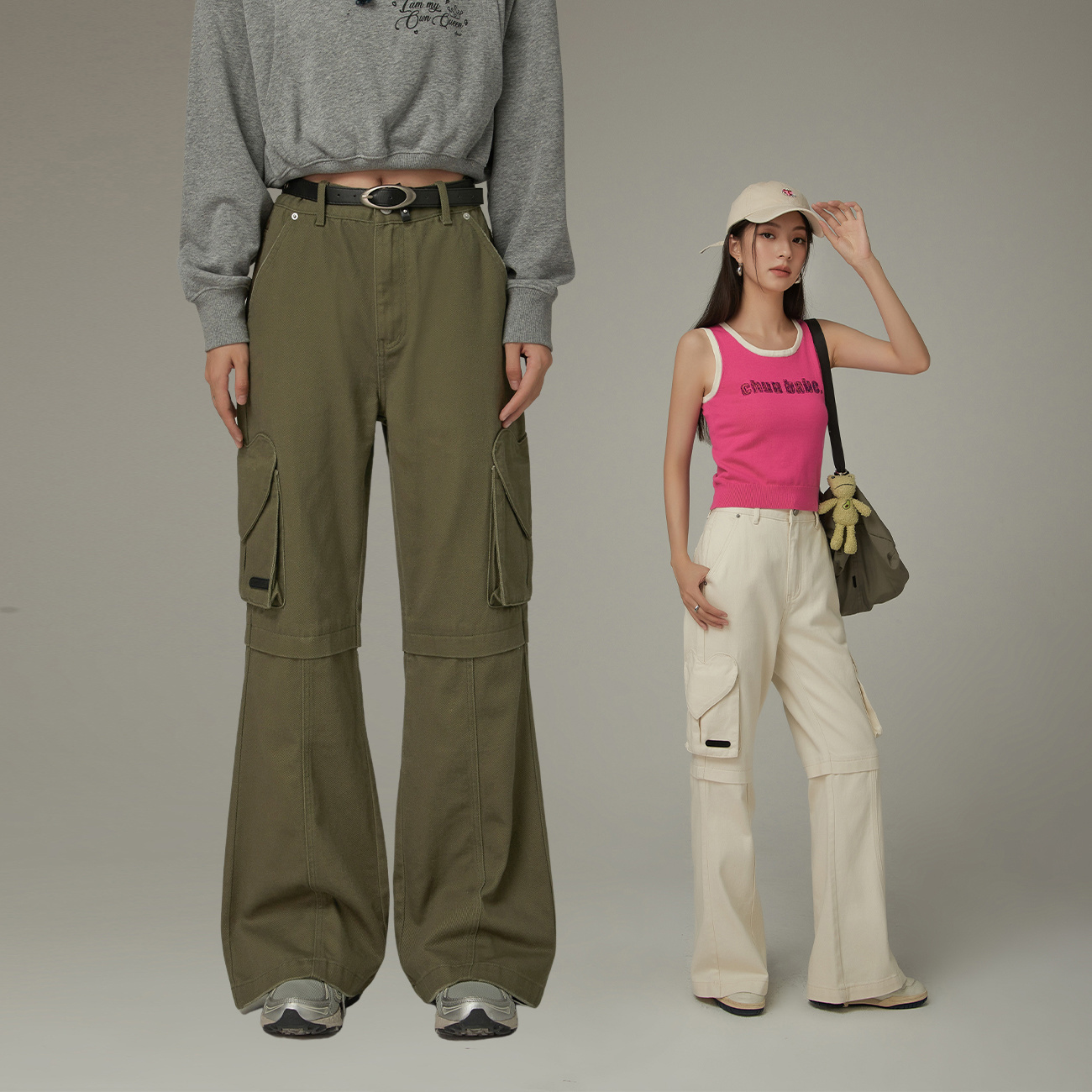 【达人专属】CHUU高腰口袋微喇设计百搭爱心图案阔腿休闲裤-Q