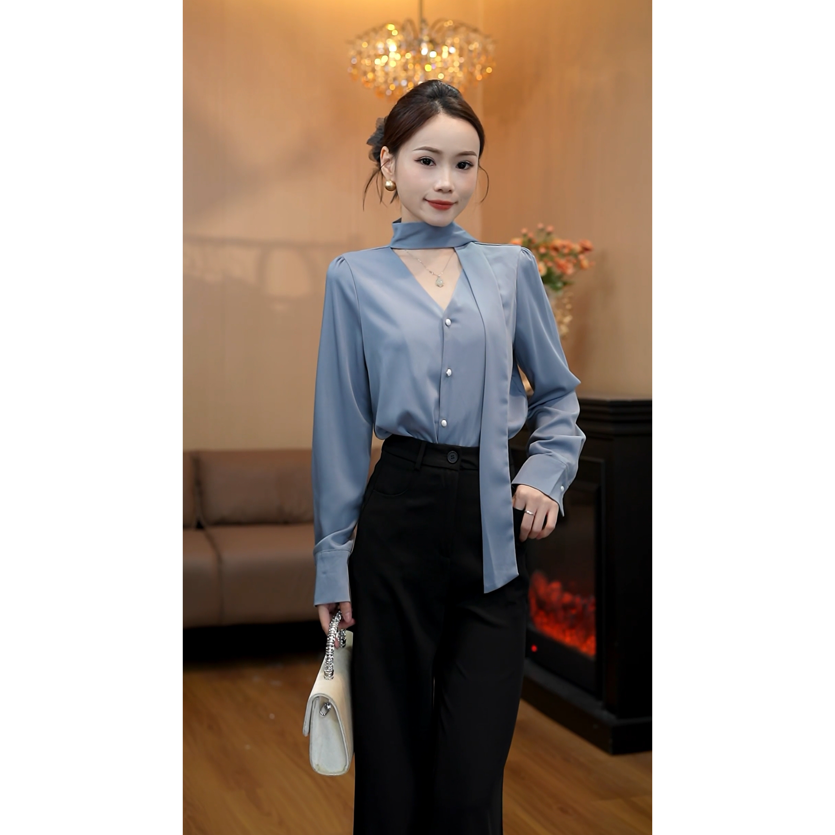 6296【雪落途风】小众名媛高级感茶系小香风飘带职业衬衫套装