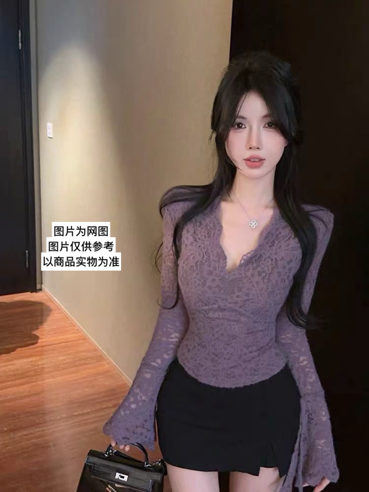 性感女人味辣妹风蕾丝长袖纯欲风修身大码上衣