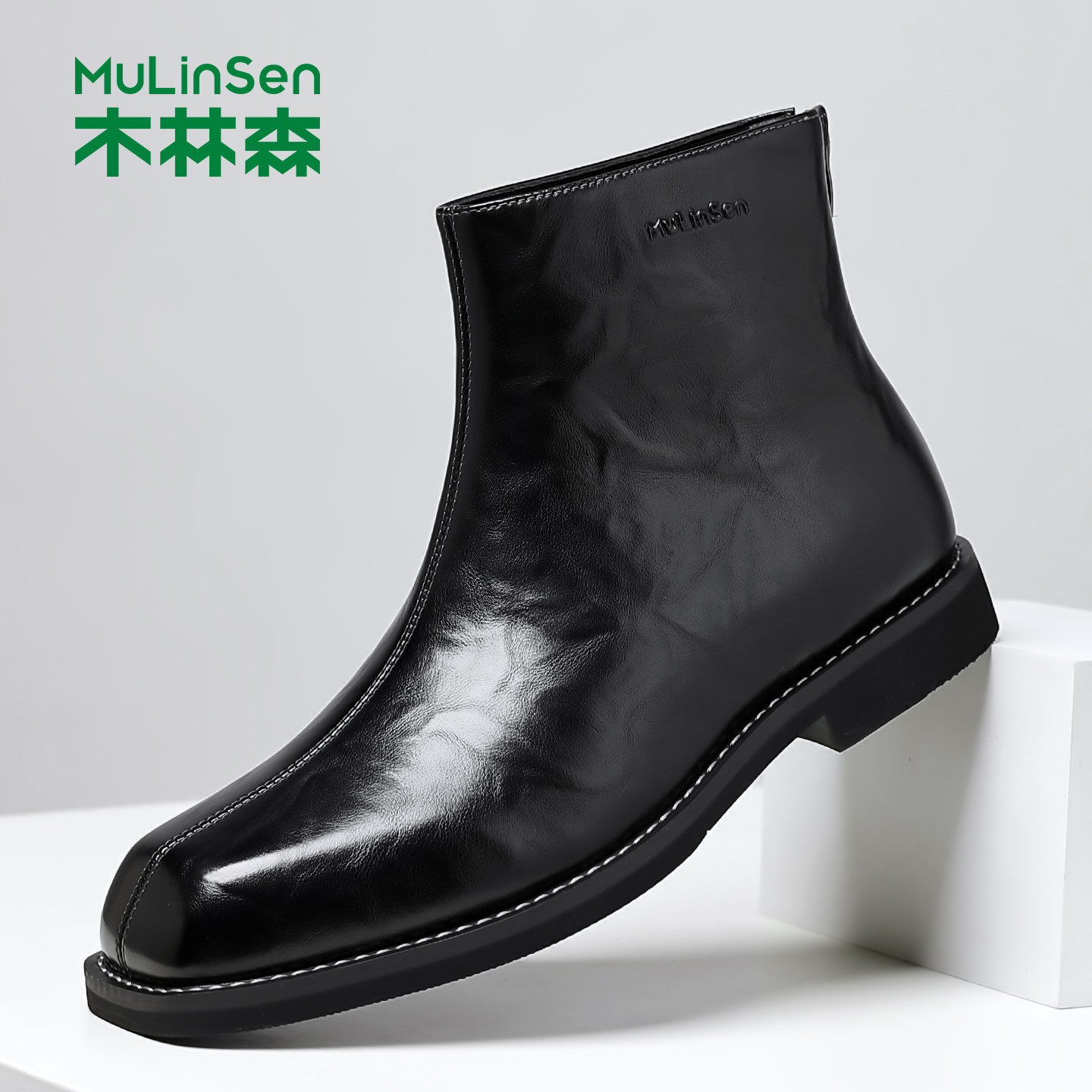 木林森男鞋2025秋冬新款男士切尔西靴加绒高帮皮鞋真皮尖头马丁靴