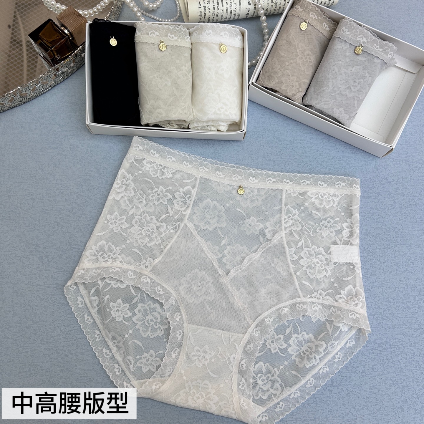 （3条装）一帘幽梦中高腰全蕾丝网纱提花女士内裤性感黑色短裤中腰