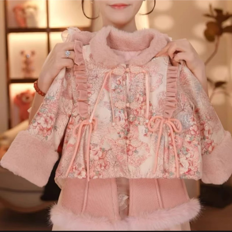 女童冬季加绒2025新款国风儿童唐装新中式宝宝加厚拜年服两件套装