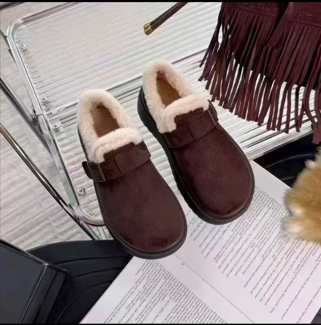 W8厚底加绒勃肯鞋女冬季新款毛毛鞋保暖棉鞋雪地靴